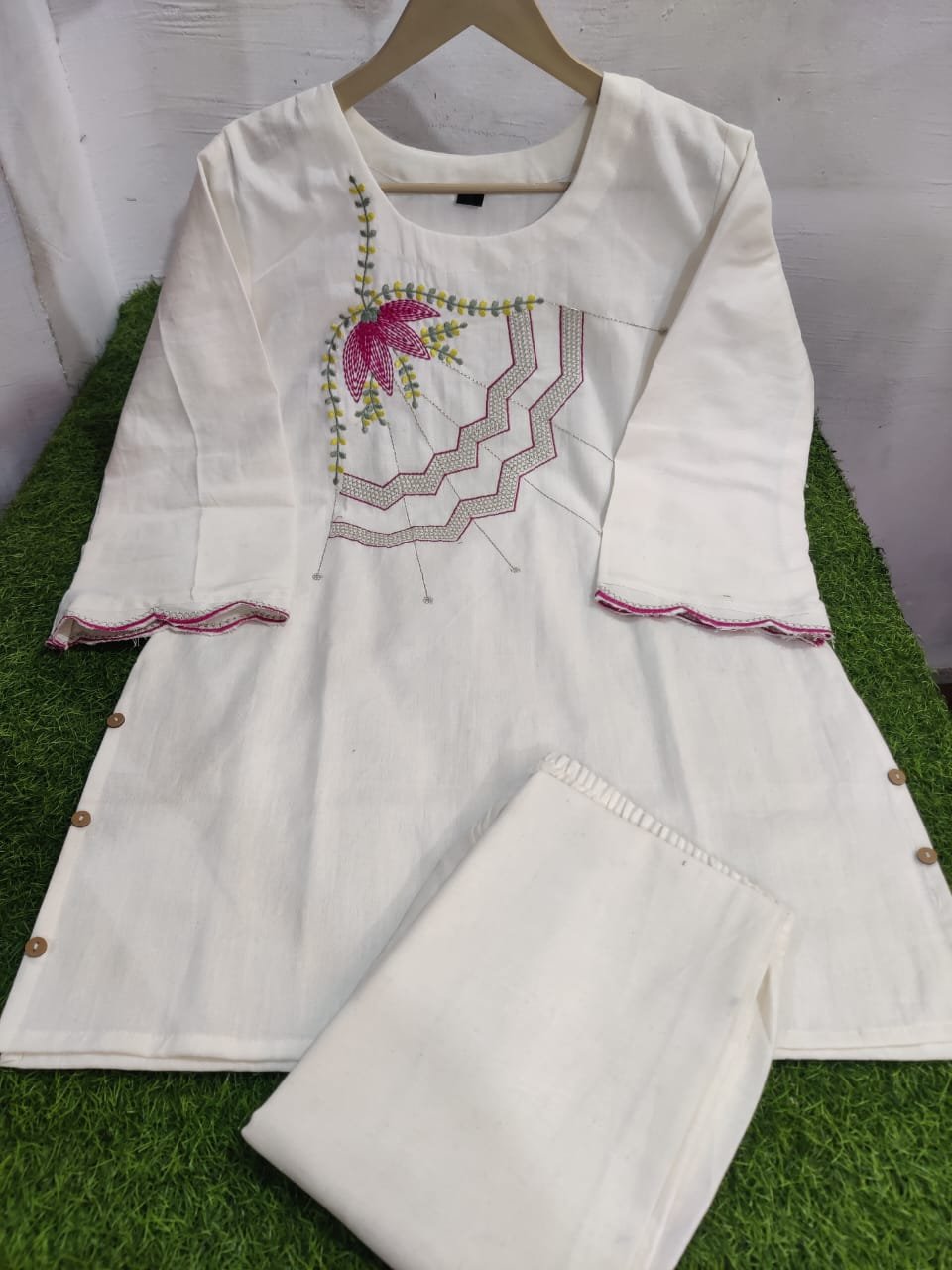 White Cotton Flex Embroidered Co-Ord Set